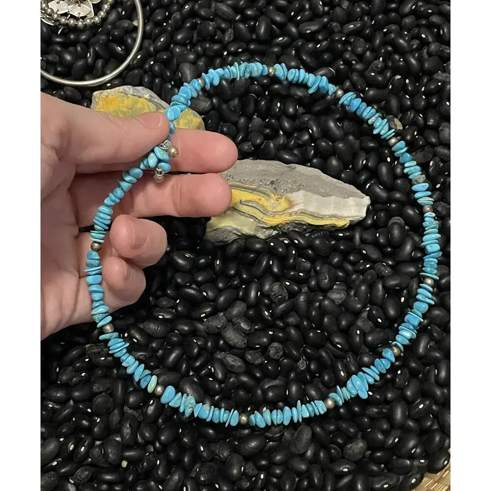 Native American Sterling Navajo Pearl & Blue Turquoise Chip Choker Wrap Necklace - Picture 7 of 9